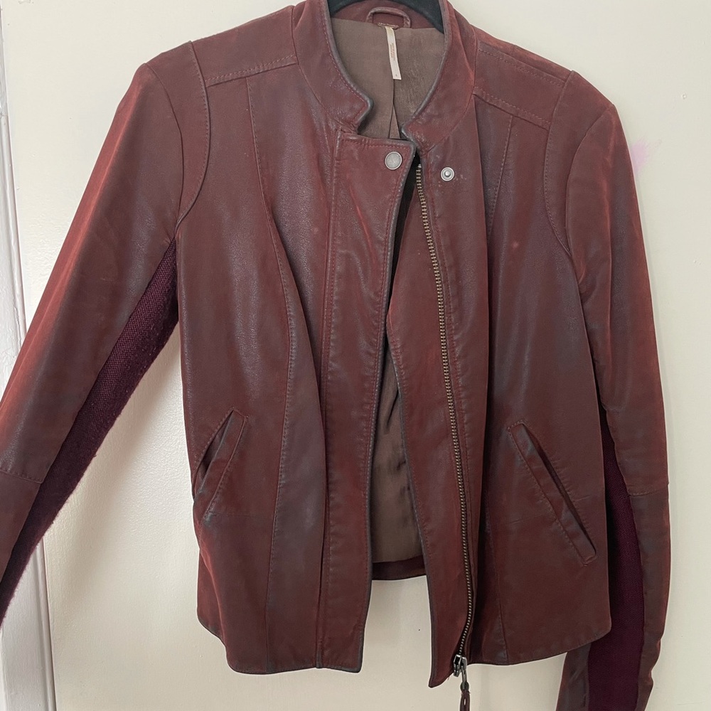 Free People Faux Leather Moto Jacket in Burgundy
